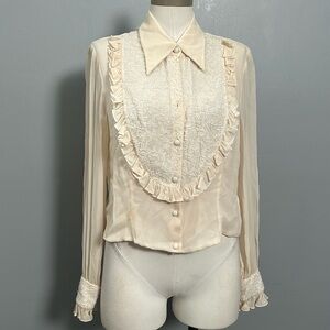 Cream silk beaded ruffle chest chiffon long sleeve cloth button shirt size M